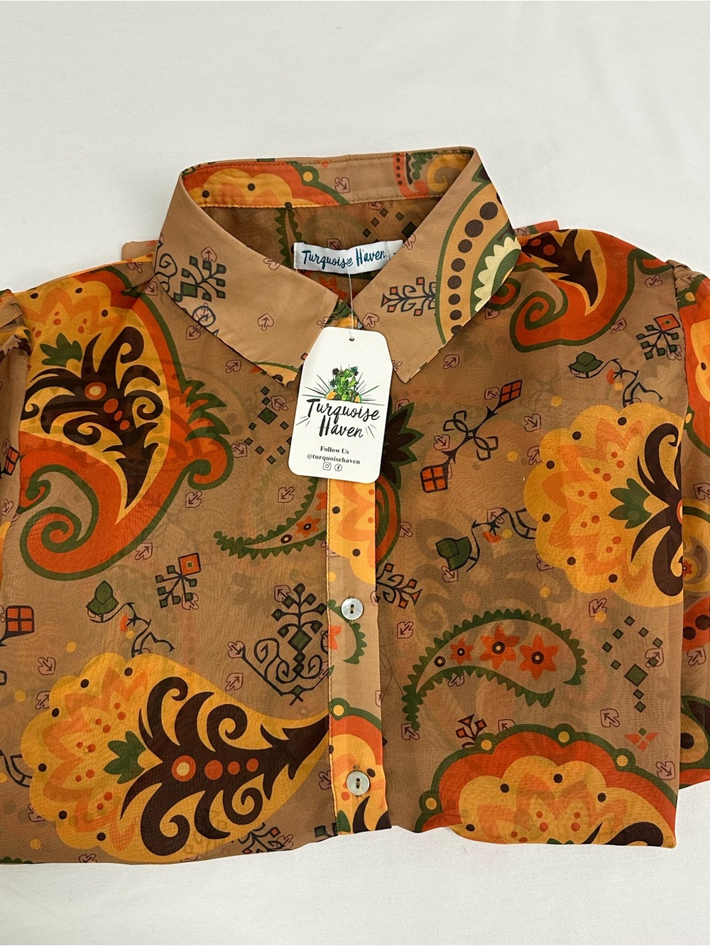 Turquoise Haven Sheer Paisley Western Button Down Blouse Women’s Large NWT